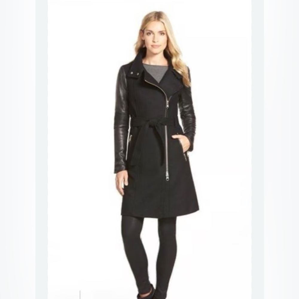 Mackage Dale Black Belted 70% wool 10% cashmere leather sleeve Jacket